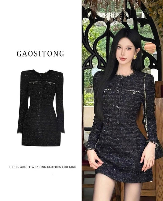 GAOSITONG Women's Long-Sleeve Tweed Mini Dress – Spring/Summer 2026 – Slim-Fit, Shimmering "-Style" Design