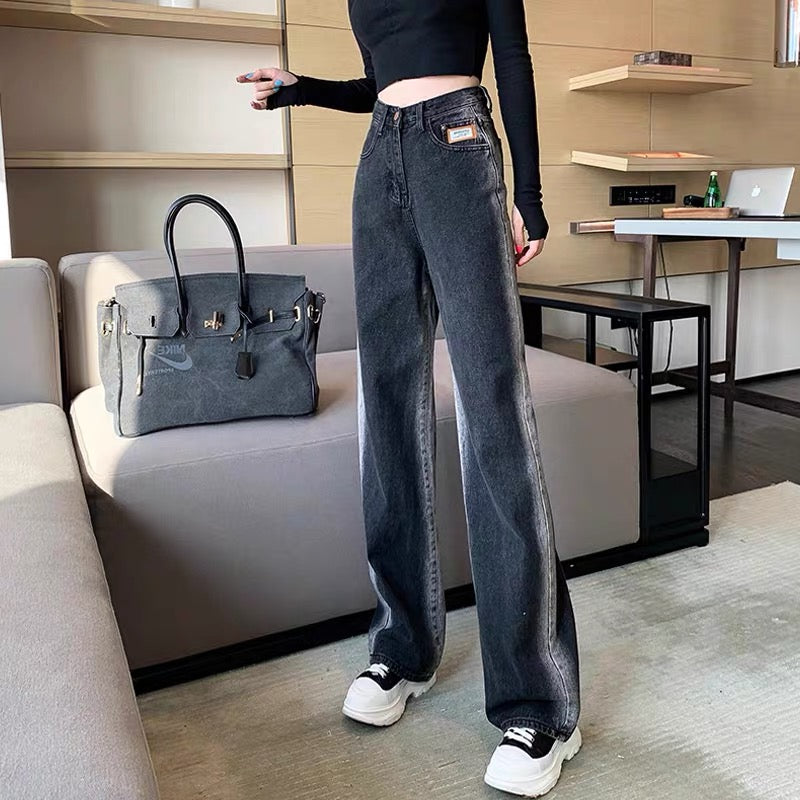 High-waisted slimming wide-leg pants for women in autumn new style personalized washed gradient jeans straight leg slimming casual trousers trend (B2812)