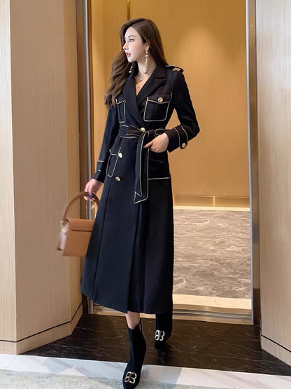 New autumn clothing for women, ladylike temperament, waist lace-up, heavy industrial coat, double-breasted windbreaker, mid-length over-the-knee coat