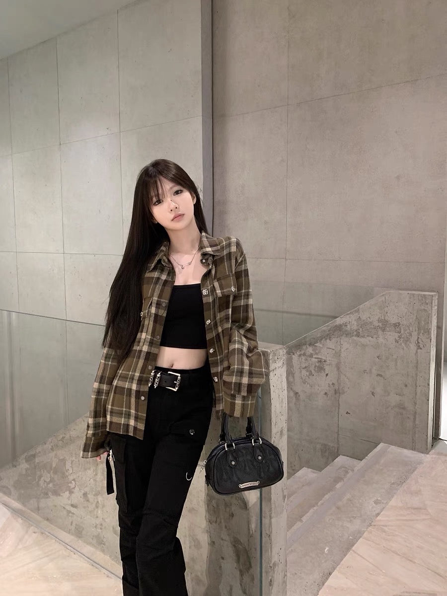 CHICYOU [semi-permanent si suit, super good restoration] c.h woolen long-sleeved slim loose plaid shirt for women