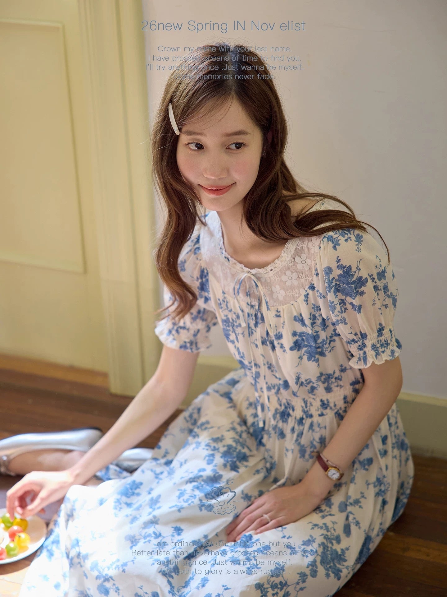 Nov elist One Elegant Tie-Waist Slimming Blue Floral Dress for Summer