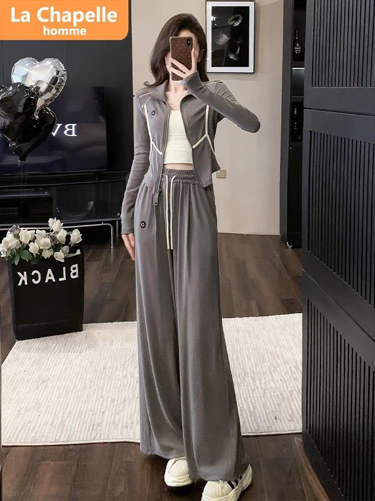 La Chapelle Casual Sports Suit Women's Autumn 2023 New Short Top High Waist Wide Leg Pants Two-piece Trendy Set