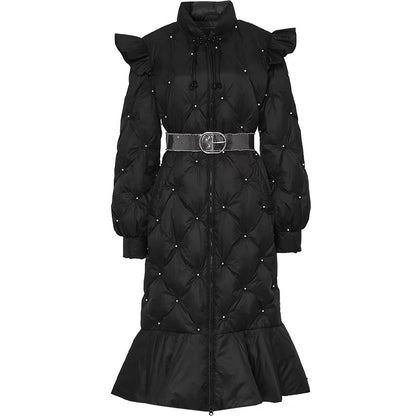 2023 winter new temperament new Chinese style stand collar lantern sleeves beaded mid-length black fishtail down jacket