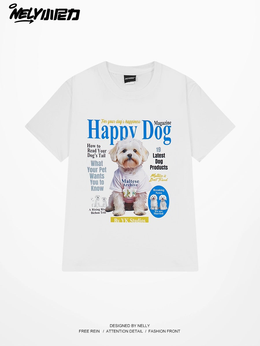 Nely Little Nelly Dog Print Short Sleeve T-shirt for Men and Women Round Neck New Loose American Retro Summer All-match Top