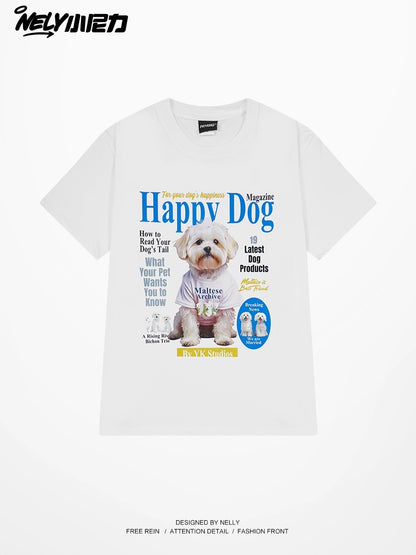 Nely Little Nelly Dog Print Short Sleeve T-shirt for Men and Women Round Neck New Loose American Retro Summer All-match Top