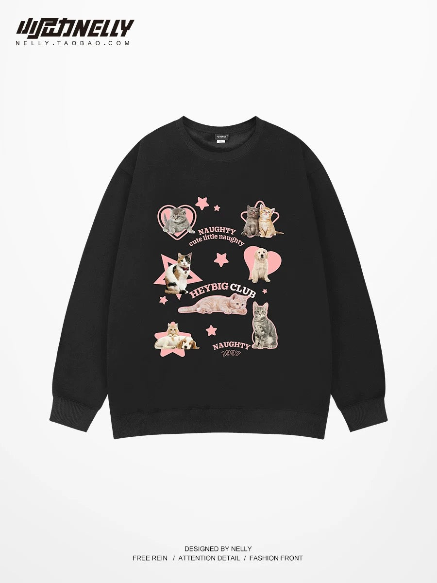 Retro plus velvet winter cat and dog sweatshirts for men and women trendy brand ins round neck couple oversize American jacket
