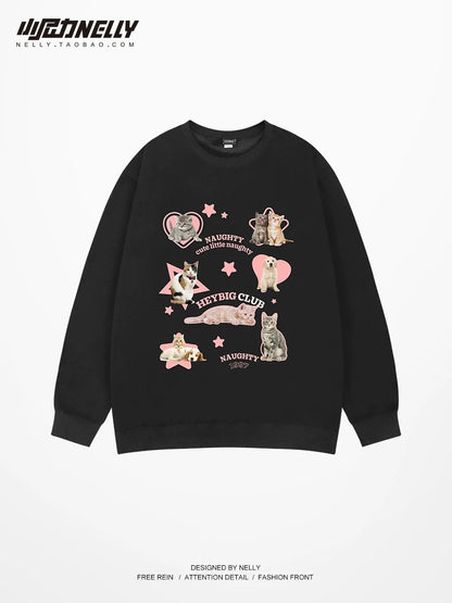 Retro plus velvet winter cat and dog sweatshirts for men and women trendy brand ins round neck couple oversize American jacket