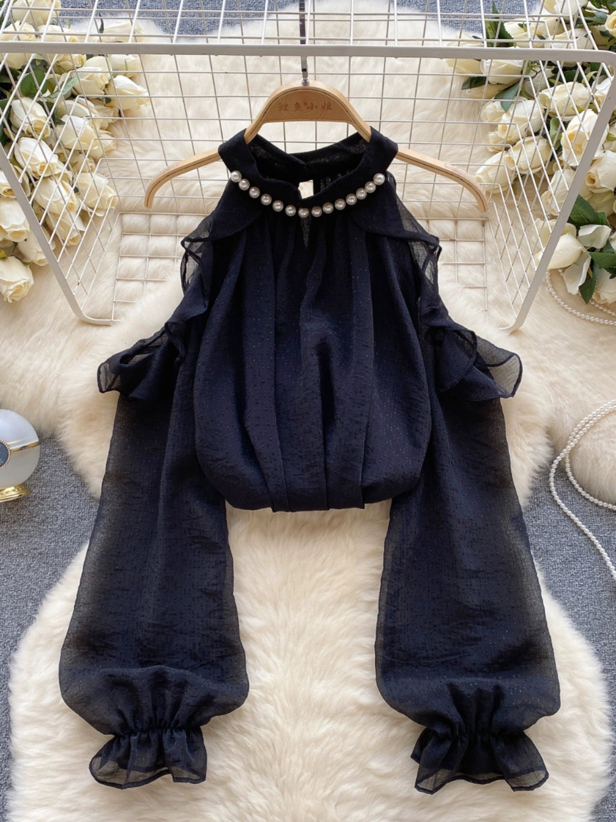 Gentle style chiffon top women's long-sleeved hollow out-shoulder beaded halterneck shirt 2023 new autumn clothing