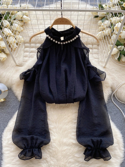 Gentle style chiffon top women's long-sleeved hollow out-shoulder beaded halterneck shirt 2023 new autumn clothing