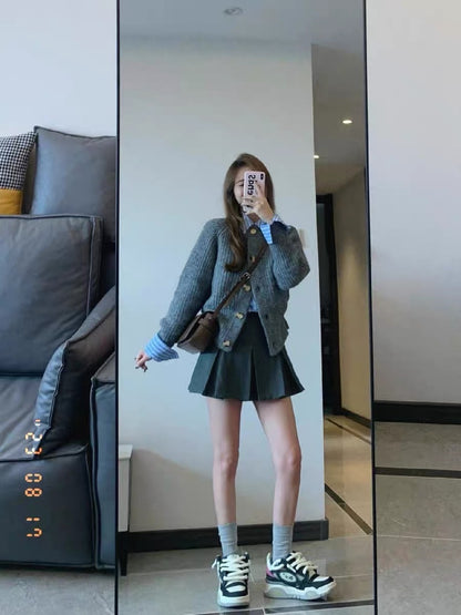 Milk lazy sweater coat knitted cardigan shirt skirt three-piece suit small fragrance fashion small man autumn and winter