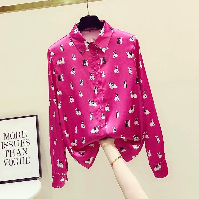 Satin silk rose red shirt femininity foreign style high-end printed long-sleeved top early autumn design sense niche