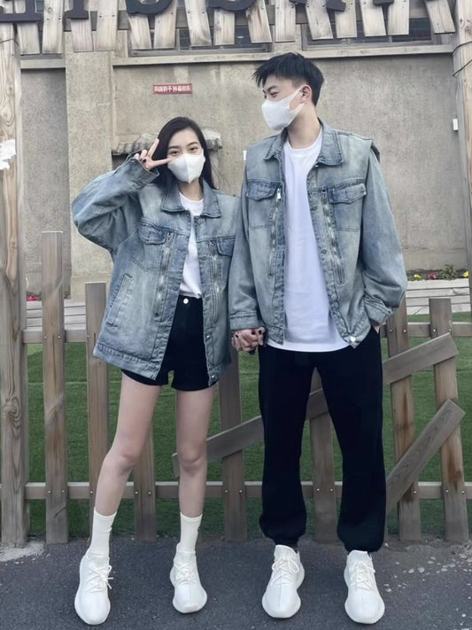 American style old denim jacket men's spring and autumn design sense loose high-level lapel casual couple jacket ins tide