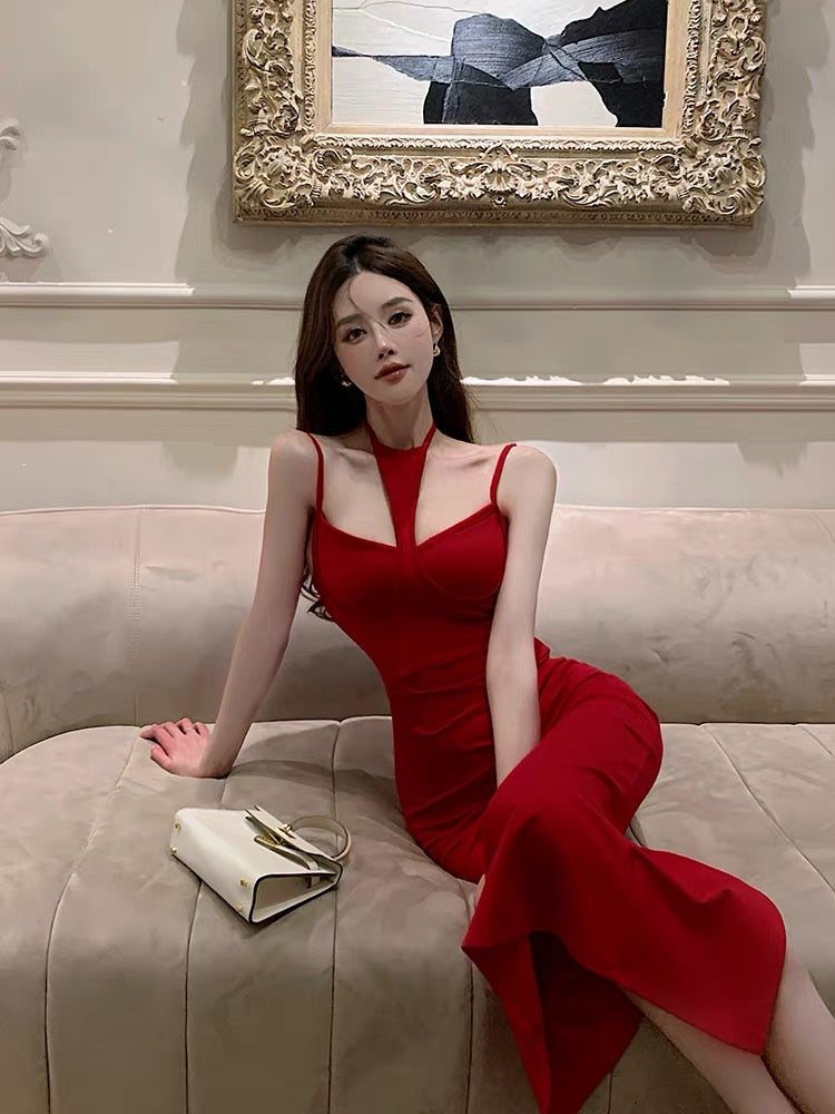 French red strapless Hong Kong style retro chic skirt for women summer high-end temperament slim goddess style dress