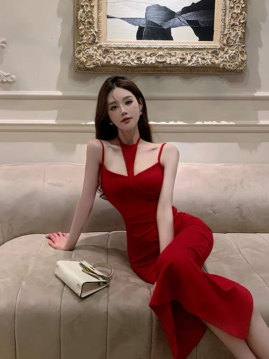French red strapless Hong Kong style retro chic skirt for women summer high-end temperament slim goddess style dress
