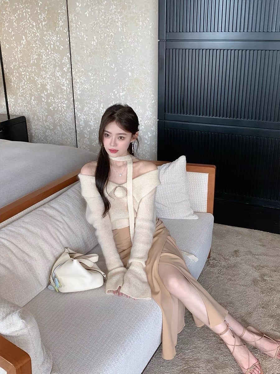 ByYou early autumn new khaki high waist hip skirt women's design mid-length slit slim skirt