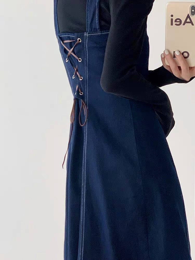 Dress women's new autumn two-piece set slimming temperament French niche design suspender skirt suit denim skirt
