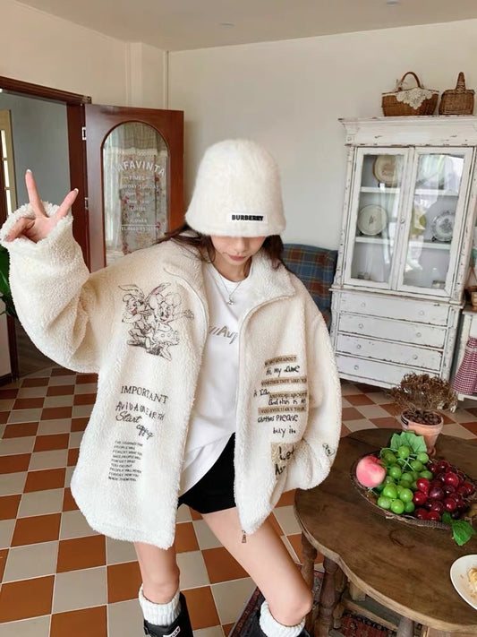Earth Store white cartoon printed grain velvet thick coat women's autumn and winter loose polar fleece cardigan top with high quality