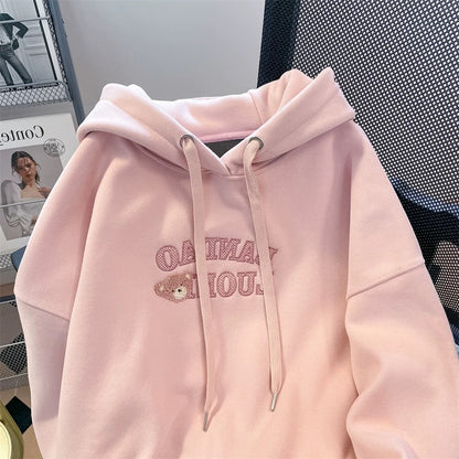 Milk fufu lazy cute little bear embroidered hooded sweatshirt men and women autumn and winter small plus velvet thickened top coat