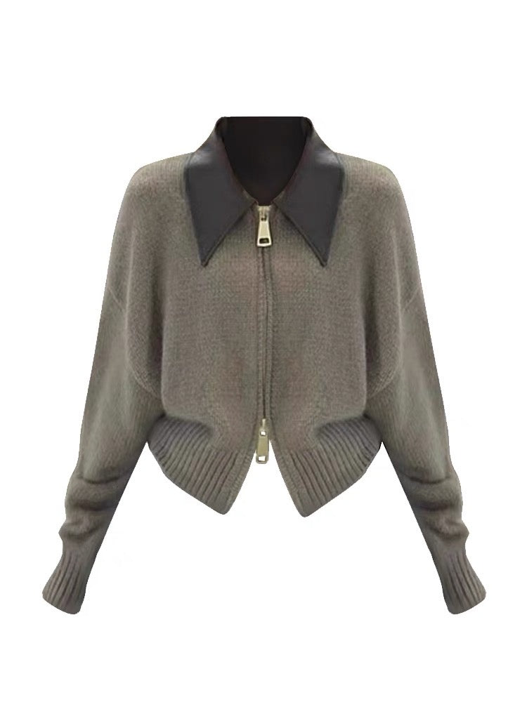 European high-end POLO lapel knitted cardigan double-ended zipper salt style lazy style raccoon velvet sweater jacket for women