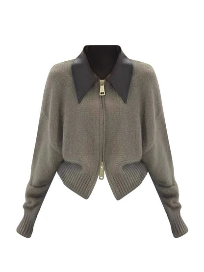 European high-end POLO lapel knitted cardigan double-ended zipper salt style lazy style raccoon velvet sweater jacket for women