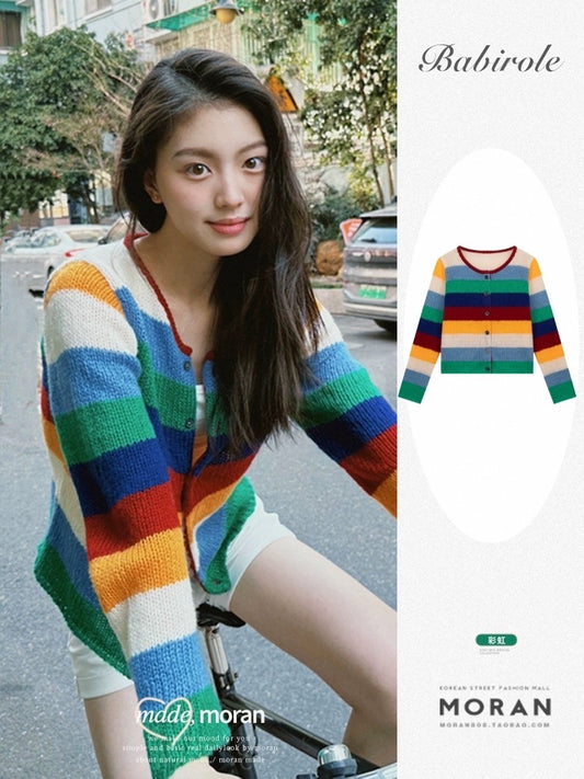 Dopamine color contrast rainbow striped knitted cardigan sweet slim sweater short coat early autumn new women's clothing