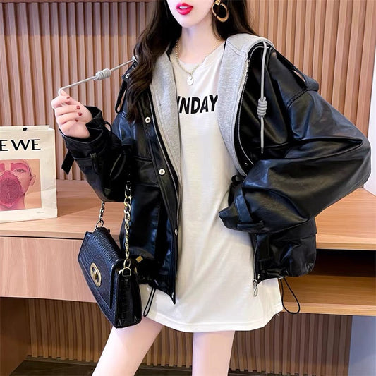 Lazy style stitching hooded fake two-piece coat for women 2023 Korean style autumn and autumn design loose leather jacket top (S0510)
