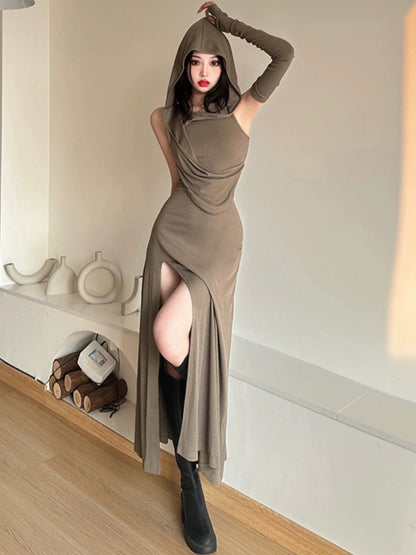 KLIOU Dune Wasteland style retro solid color hooded dress with sleeves and slits slimming hip-hugging mid-length skirt for women