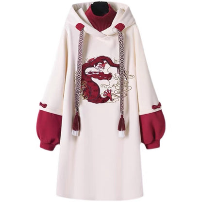 Maternity wear, winter fashion, velvet hooded sweatshirt, New Year's maternity spring suit, long-sleeved fake two-piece dress
