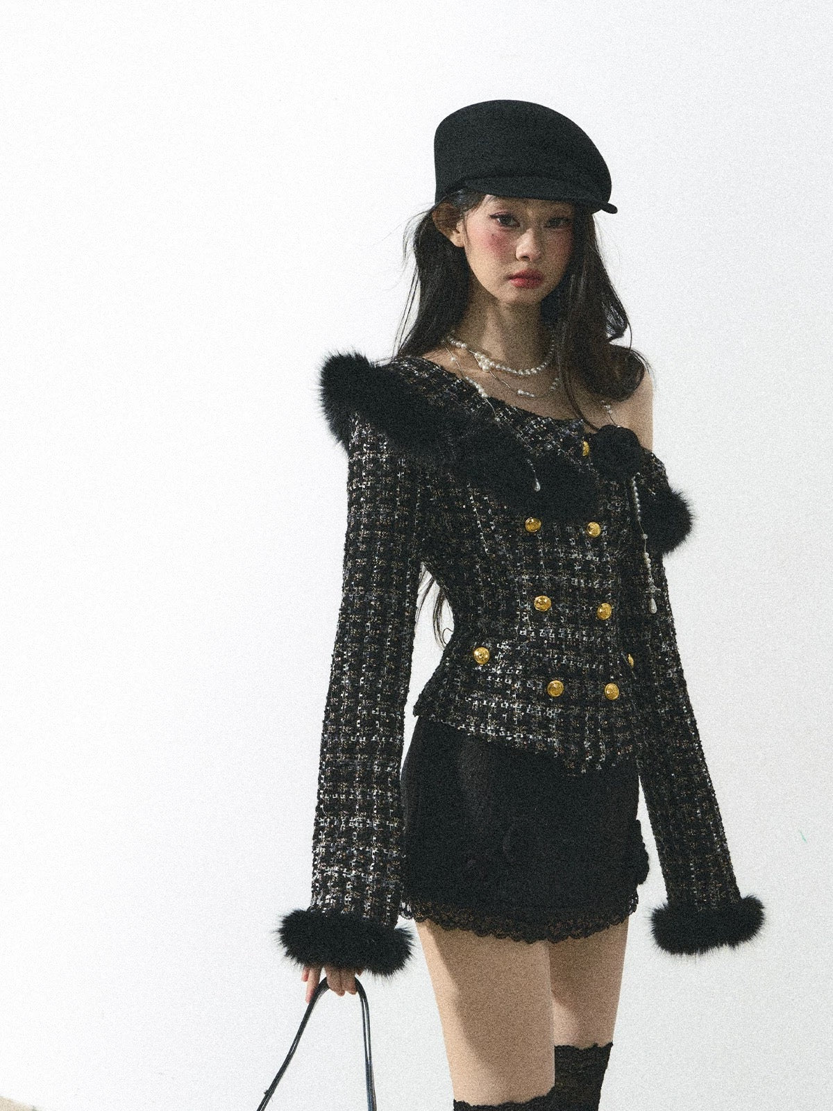 Shao Ye Yan Fa Xiang Hela Xiao Xiang style western-style plaid coat women autumn and winter long sleeve oblique shoulder slim hot girl top