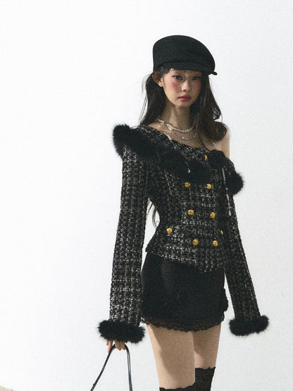 Shao Ye Yan Fa Xiang Hela Xiao Xiang style western-style plaid coat women autumn and winter long sleeve oblique shoulder slim hot girl top