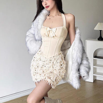 KLIOU French socialite Xiaoxiangfeng milk apricot halterneck dress for women age-reducing sequin splicing slimming hip skirt