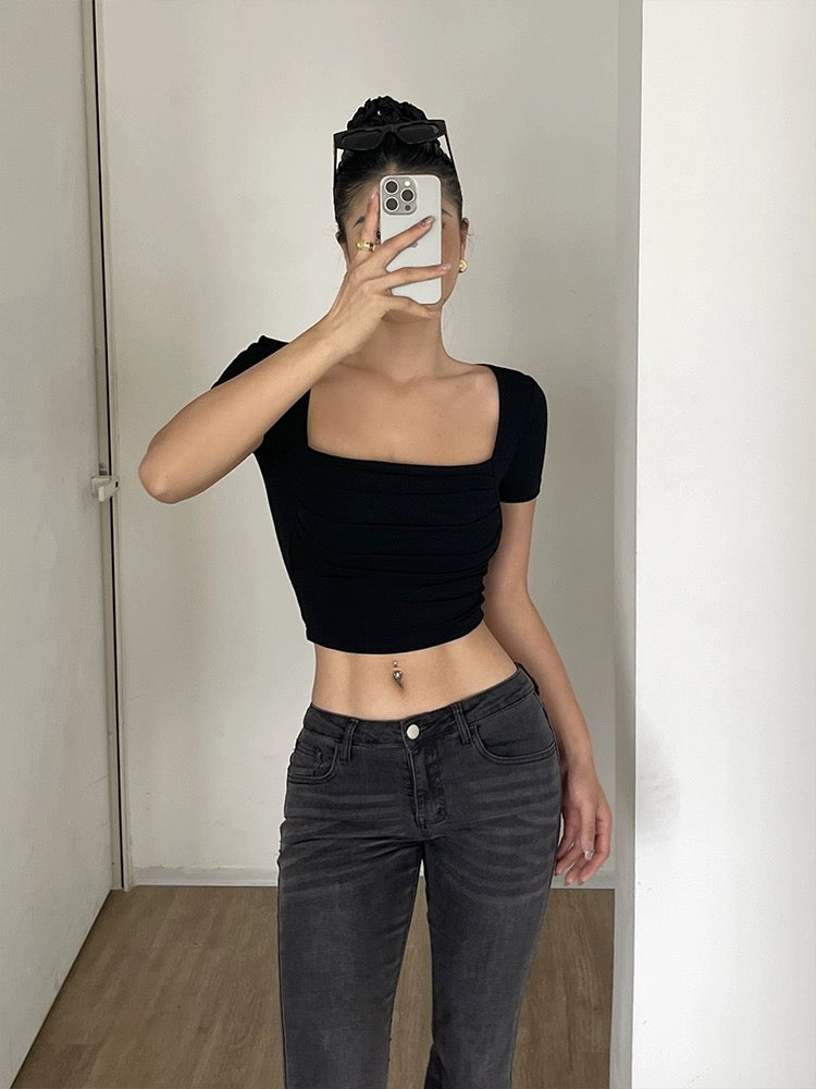 Jingye Hot Girl Square Tie Chest Pad Short Sleeve T-shirt Women's Summer New Style Waist Slimming Pleated Design Short Top
