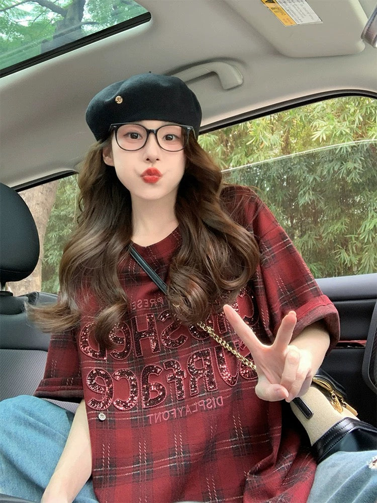 Red plaid sequined letter short-sleeved T-shirt female 2025 new spring and summer sanded thickened American style large version top trend