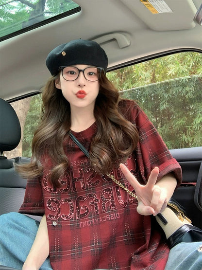 Red plaid sequined letter short-sleeved T-shirt female 2025 new spring and summer sanded thickened American style large version top trend