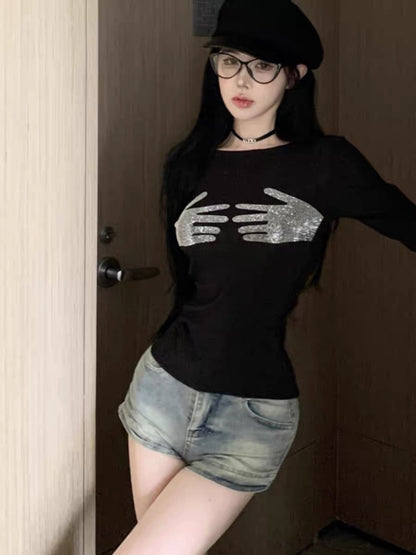 European and American long-sleeved T-shirts for women, autumn wear, temperament, heavy industry, hot diamonds, slimming, slightly see-through, short hot girl tops, black bottoming shirts