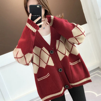 Red Knitted Cardigan Jacket Women's Mid-Length Autumn and Winter 2023 New Thick Loose Lazy Sweater Top
