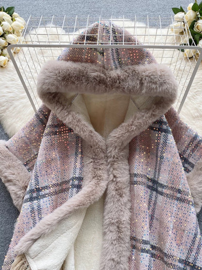 Internet celebrity cape coat for women 2023 new popular winter hooded plaid mid-length velvet thickened shawl coat