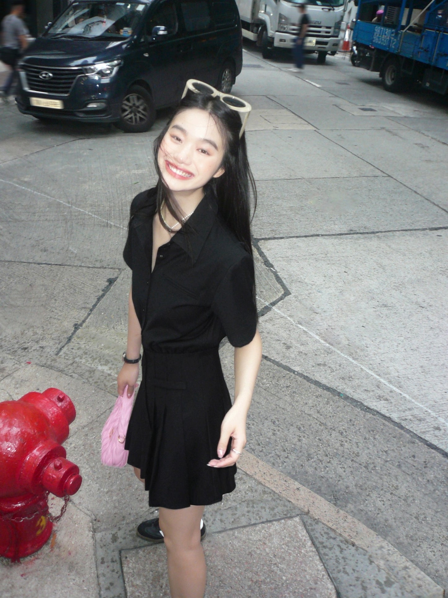 pusumede high-grade temperament shirt dress black dress female design pleated skirt waist A-line short skirt