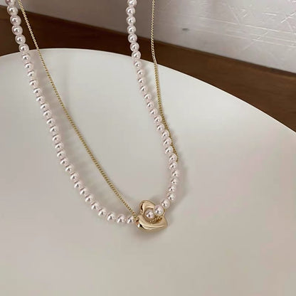 Real gold electroplating love pearl necklace French retro sweet double clavicle chain net red all-match temperament necklace female
