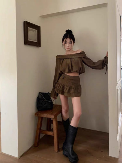 Retro sweet girl suit one-shoulder long-sleeved loose top for women autumn ruffled a-line skirt two-piece set