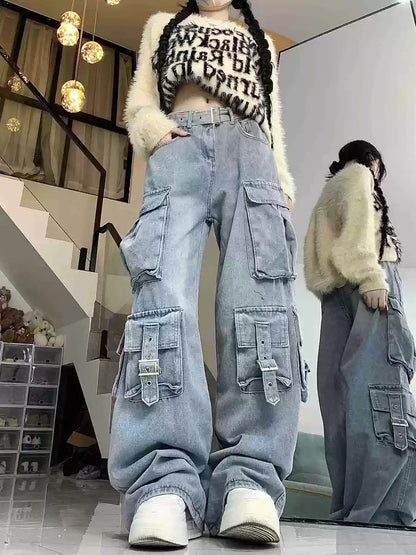 American street vibe work jeans for women 2023 new design multi-pocket high-waisted loose floor-length mopping pants trendy