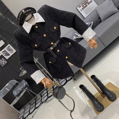 French light mature style contrasting color splicing shirt collar, high-end, loose and versatile casual single-breasted thickened long-sleeved jacket
