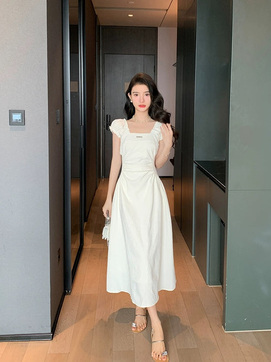 Deng Liuliu white dress for women summer French style first love square neckline waist slimming long skirt certificate small white dress D347