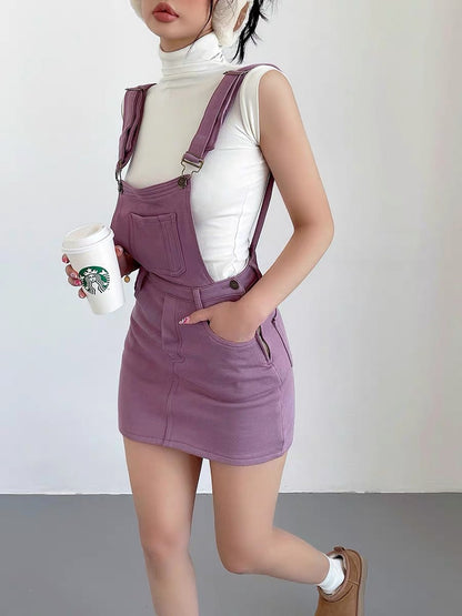 liviahome American retro college style adjustable knitted suspender skirt for women slimming and hip-hugging short skirt (J198)