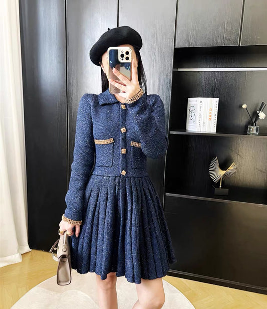 Autumn French retro sequin gold buckle diamond pleated slim-fitting small fragrant knitted dress bottoming slim sweater skirt D9199