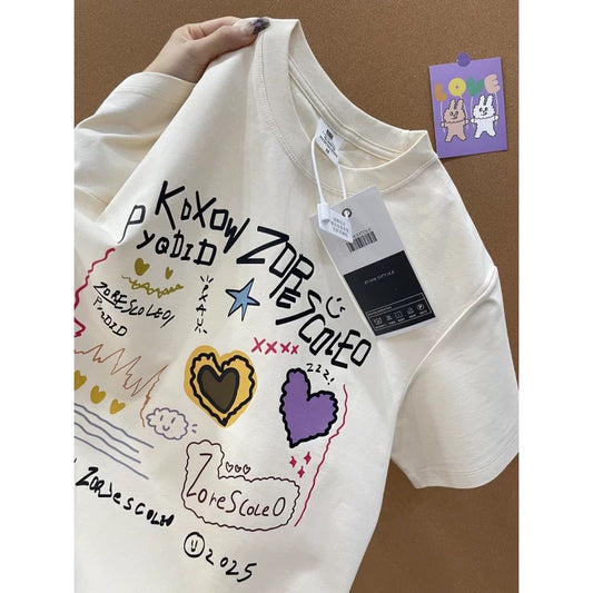 American style ins three bears printed cotton short-sleeved T-shirt men and women summer heavyweight all-match loose couple tops
