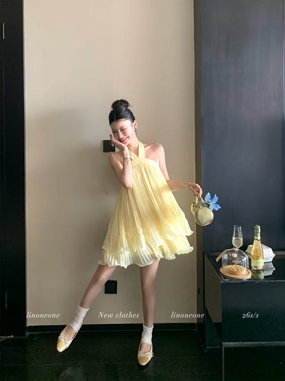LINONEONE "Dream Prayer" Staycation Chiffon Halter-Neck Camisole Dress – Multi-Layer Pleated Off-Shoulder Style