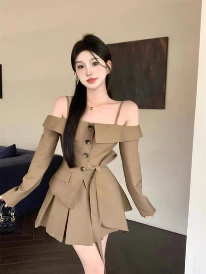 This year's popular fashion suit hot girl long-sleeved top half-length pleated skirt women's early autumn new temperament two-piece set A2257