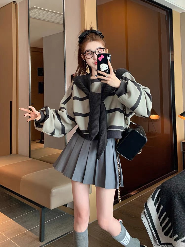 Gray two-piece shawl round neck sweatshirt for women, spring and autumn velvet thickened design niche college style striped top (B6916)