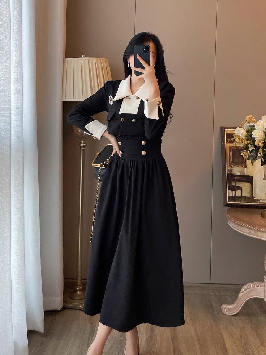 French retro small fragrance square collar dress women's 2023 autumn new Hepburn style high-level high-waisted dress